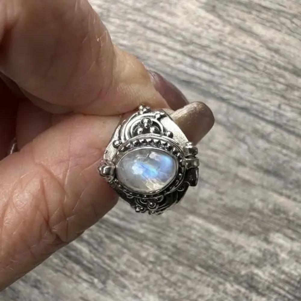 925 Sterling Silver Moonstone Poison Ring Secret Compartment Gothic Sz 6.75